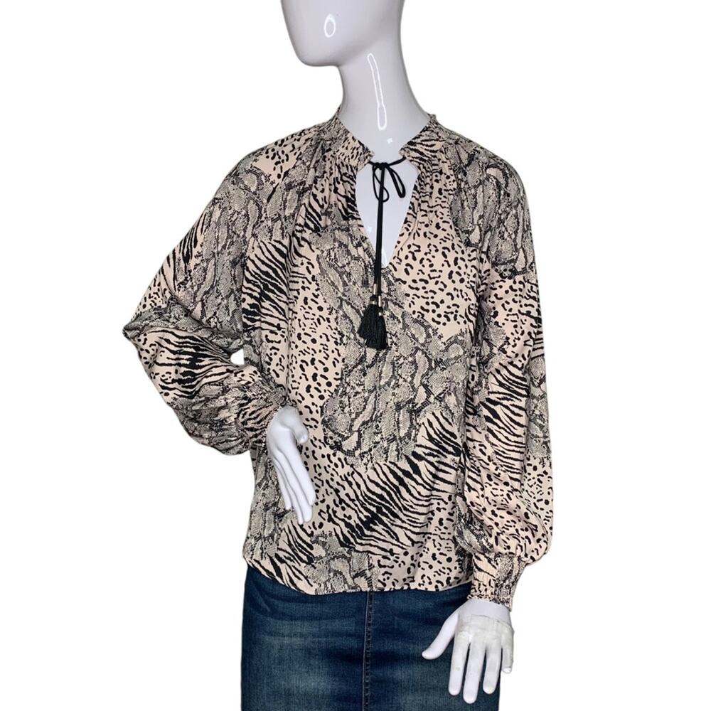 Jennifer Lopez Blouse Long Sleeve Animal Print Tie on Neck Black/Pink Size M